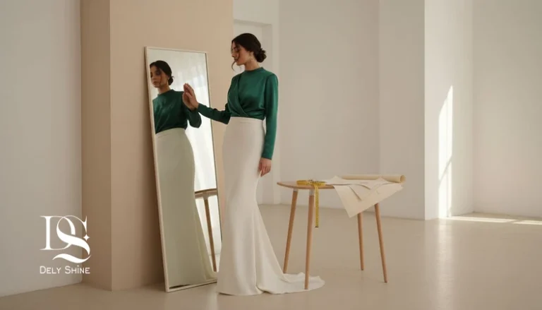 مدل ایرانی با لباس مجلسی در حال بررسی فیت در آینه؛ نمایش مفهوم تفاوت سایزبندی و اهمیت اندازه گیری دقیق